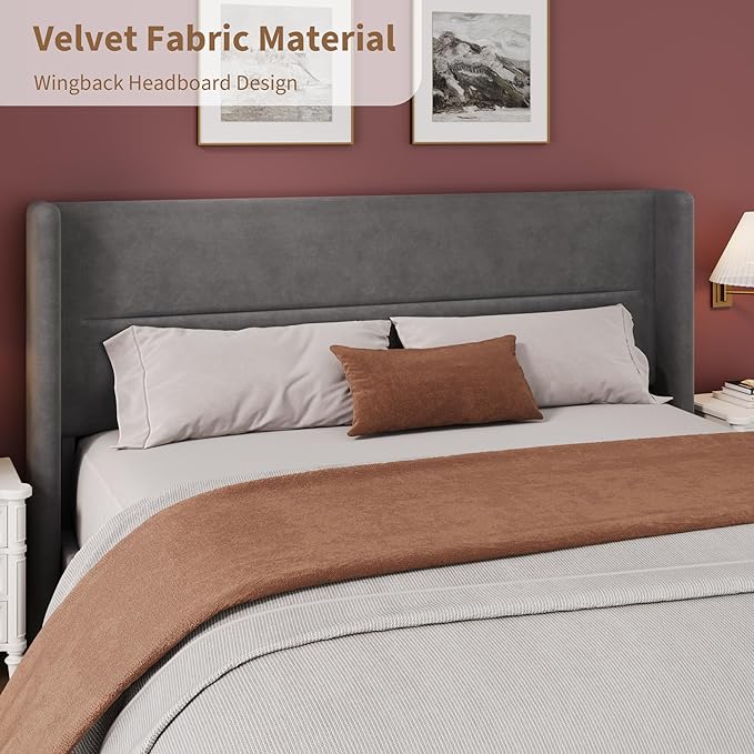 Garvee King Size Bed Frame with Wingback Headboard, Velvet Upholstered Platform Bedframe with Wood Slats, No Box Spring Needed, Easy Assembly, Grey