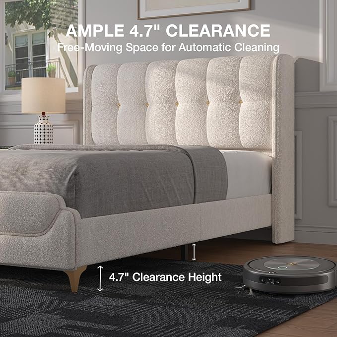 Novilla Full Size Bed Frame with Charging Station & LED Lights, Upholstered French Luxury Platform Bed with Wingback Headboard, Lamb Wool Fabric, No Box Spring Needed, Easy Assembly, Cream White