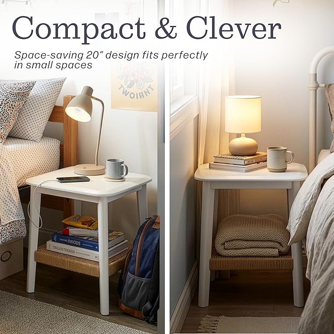 Alaterre Furniture Calais 2-Tier Small End Table with Woven Storage Shelf – Set of 2 Mid Century Modern Wooden Nightstand or Side Table for Small Spaces, Living Room & Bedroom (White)