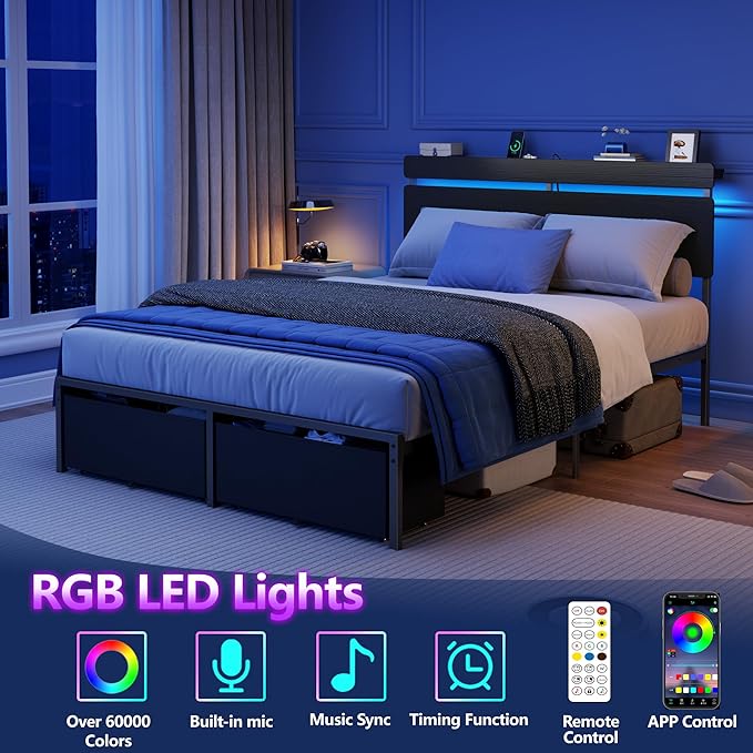 Forestell Full Size Bed Frame with Wood Headboard, Black Platform Bed with 2 Storage Drawers & Shelf, Built in Charging Station & LED Lights, Metal Support, No Box Spring Needed, Camas Full