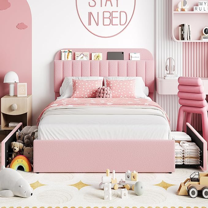 IDEALHOUSE Queen Bed Frame with 2 Flexible Drawers and Bookcase Headboard, Boucle Upholstered Platform Bed for Boys/Girls, Noise-Free, Easy Assembly, No Box Spring Needed, Pink