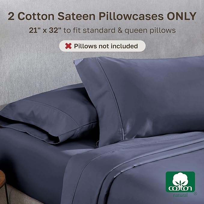 California Design Den Standard Queen Size Pillowcase Set - 400 Thread Count, 100% Cotton Sateen, Set of 2 Pillow Covers, Soft and Breathable - Indigo Dusty Blue
