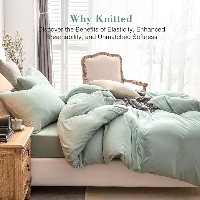 PURE ERA Jersey Knit Duvet Cover Set 100% T-Shirt Cotton Super Soft Comfy 2pc Bedding Set with Zipper Closure (Solid Sage Green, Twin)