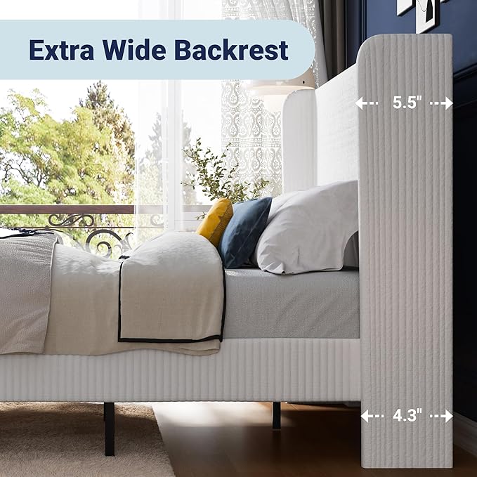 Allewie Queen Size Bed Frame with Upholstered Wingback Headboard, Vertical Channel Tufted Corduroy Velvet Platform Bed, Strong Wooden Slats Support, No Box Spring Needed, Easy Assembly, Sturdy, White