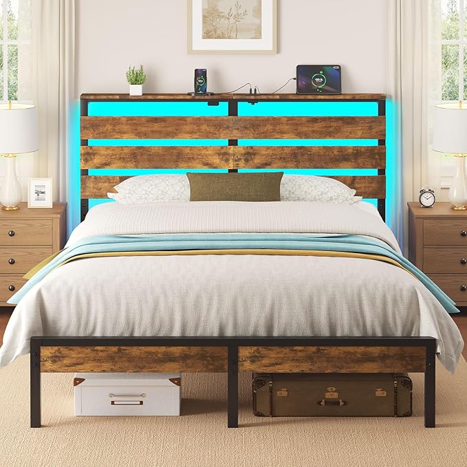 Rolanstar Bed Frame Full Size with USB Charging Station, LED Bed Frame with Wood Storage Headboard, Rustic Brown Metal Platform Bed with Under Bed Storage, No Box Spring Needed, Noise Free