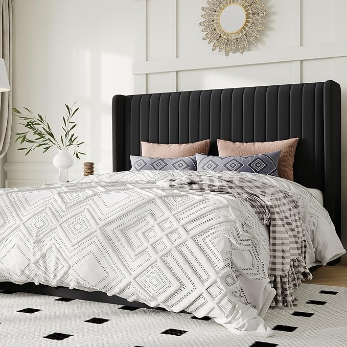 Allewie Full Size Lift Up Storage Bed Frame, Hydraulic Support System, Upholstered Platform Bed Frame, Underneath Storage, Vertical Channel Tufted Headboard with Wingback, No Box Spring Needed, Black