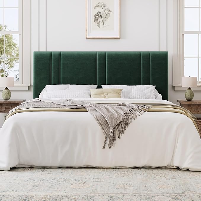 SHA CERLIN King Size Platform Bed Frame, Velvet Upholstered Bed with Adjustable Headboard, Vertical Channel Tufted Design, Sturdy Wood Slat Support, No Box Spring Needed, Easy Assembly, Green