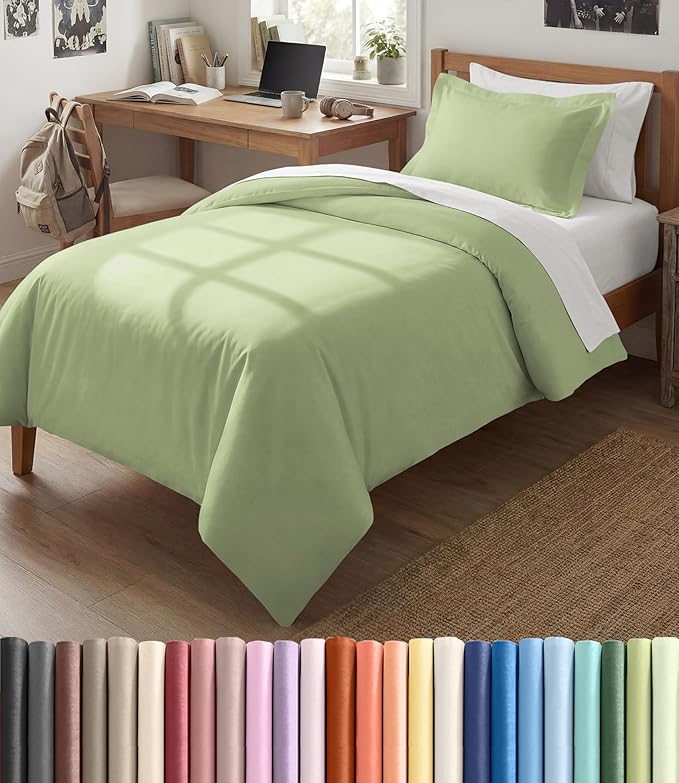 Duvet Cover Twin/Twin XL Size Set - Extra Soft Twin/Twin XL Duvet Cover 68" x 90" with 1 Pillow Sham - Hotel Luxury, Fade Free w/ Zipper Closures & Ties - Comfy, Cozy & Breathable (Light Sage Green)