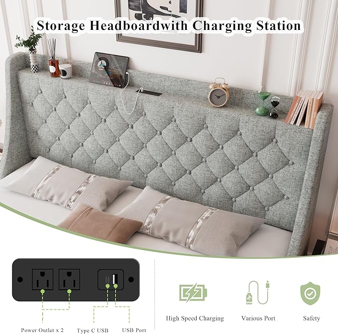 Feonase King Size Bed Frame with 4 Storage Drawers, Storage Bed with Charging Station, Tufted Wingback Headboard, No Box Spring Needed, Light Grey