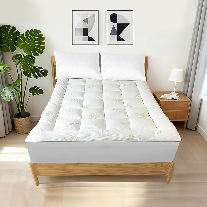 Mattress Topper Queen Size Pillow Top - Aloe Vera Blend Extra Thick Padded Mattress Pad & Protector, Breathable Fitted Deep Pocket 8-21, Ultra Soft & Supportive