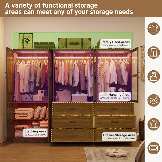 Hlivelood 75" Tall Farmhouse 6 Doors Armoire Wardrobe Closet with 6 Drawers and LED,Freestanding Closet Wardrobe Cabinet for Bedroom with Hanging Rod,Wooden Armoire Storage Cabinet(Brown 6 Doors 2)