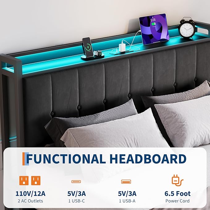 Garvee Queen Size Lift Up Storage Bed with LED Lights, Upholstered Velvet Bed Frame with Storage Headboard & Charging Station, Metal Platform Bed, No Box Spring Needed, Solid Wooden Slats, Black