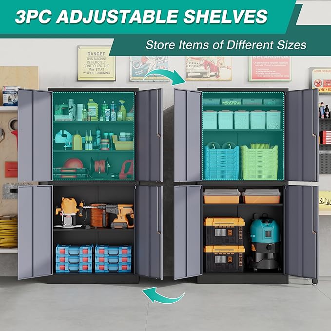 SISESOL Metal Storage Cabinets with Doors and Shelves,71" Metal Garage Storage Cabinet with Lock,Gray Steel Cabinet with Locking Doors,4 Door Lockable Storage Cabinets for Garage,Home,Office