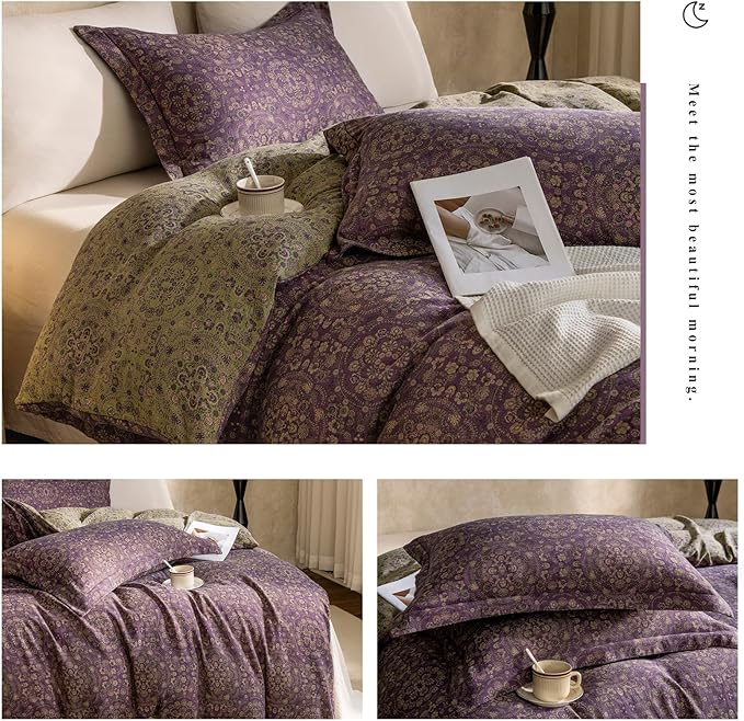 VM VOUGEMARKET Purple Flower Duvet Cover Set King,Yarn-Dyed Cotton Jacquard Textured Boho Medallion Bedding Set,Retro Reversible Green Floral Duvet Cover with Zipper Ties