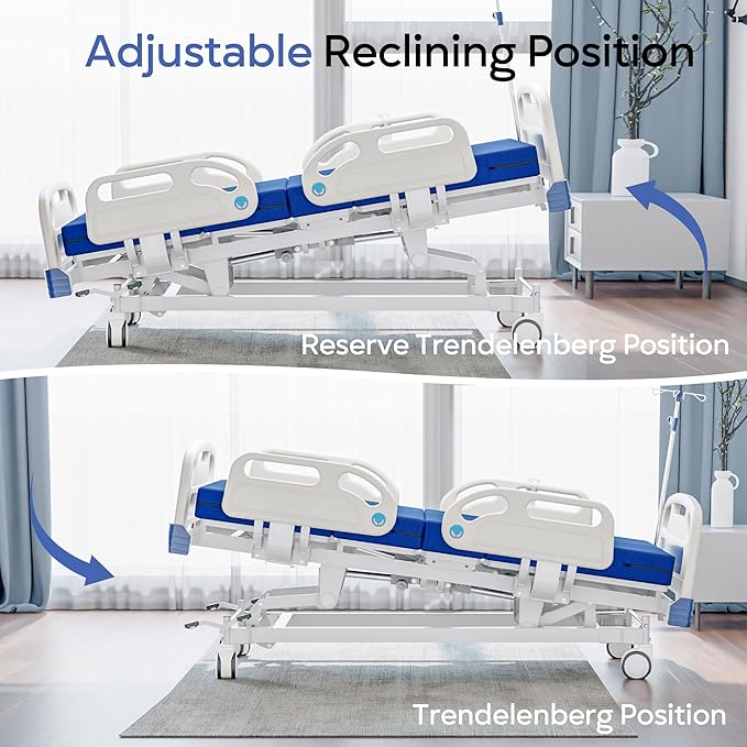 Premium Full Electric Hospital Bed for Home Use, 5 Function Medical Bed with 4.7” Foam Mattress, Height Adjustable, Central Locking System, Includes Sheets (2X) (5 Function)