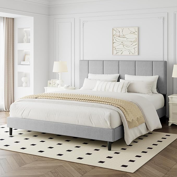 Queen Bed Frame, Padded Platform Bed Frame with Fabric Headboard, Vertical Quilted Design, Sturdy Slatted Mattress Base, No Spring Mattress Required, Easy to Assemble, Light Gray