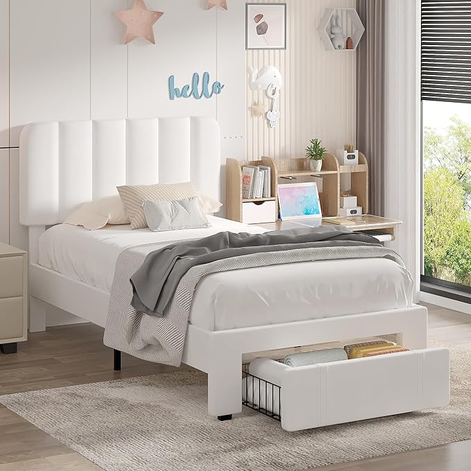 VECELO Twin Size Upholstered Bed Frame with 4 Drawers and Headboard, Velvet Platform Storage Bedframe, Wooden Slats Support, No Box Spring Needed,White