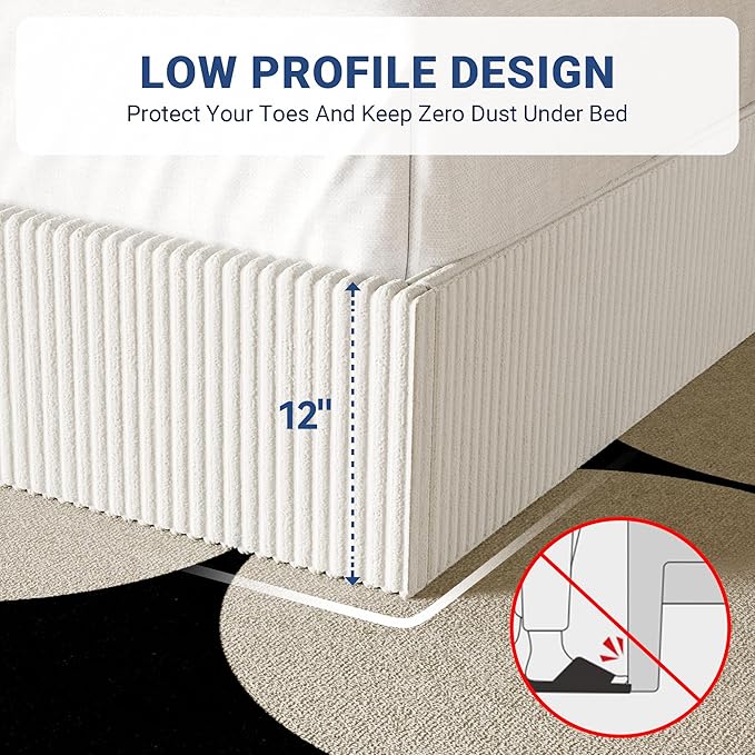 Allewie Queen Bed Frame, Upholstered Platform Bed, Adjustable Vertical Channel Tufted Headboard, Corduroy Fabric, Modern Low Profile, Wooden Slats, No Box Spring Needed, Easy Assembly, White