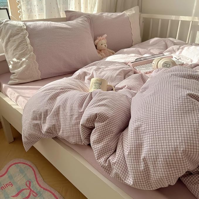 mixinni Purple White Gingham Duvet Cover Twin XL Size - 3 Piece Cottagecore Plaid Bedding Set with Lace Trim, Soft Washed Microfiber Vintage Aesthetic Grid Comforter Cover & Pillow Shams