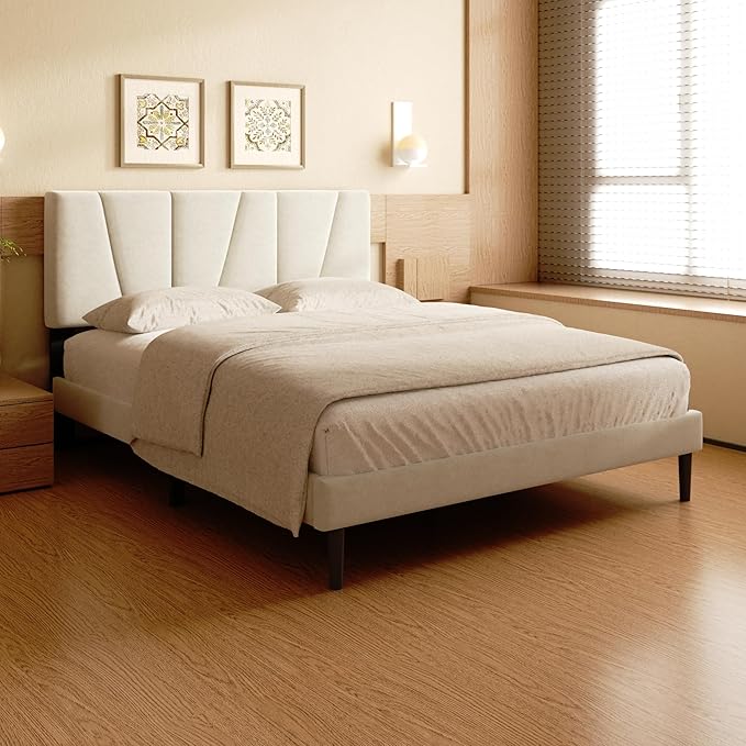Full Size Bed Frame, Linen Upholstered Platform Bed with Headboard, Strong Wooden Slats Support, Noise-Free Mattress Foundation, No Box Spring Needed, Easy Assembly, Beige