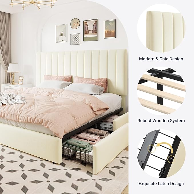 Allewie King Size Storage Bed Frame, Vertical Channel Tufted Adjustable Headboard, Velvet Upholstered Platform Bed with 4 Oversized Underbed Drawers, Wooden Slats Support, No Box Spring Needed, Cream