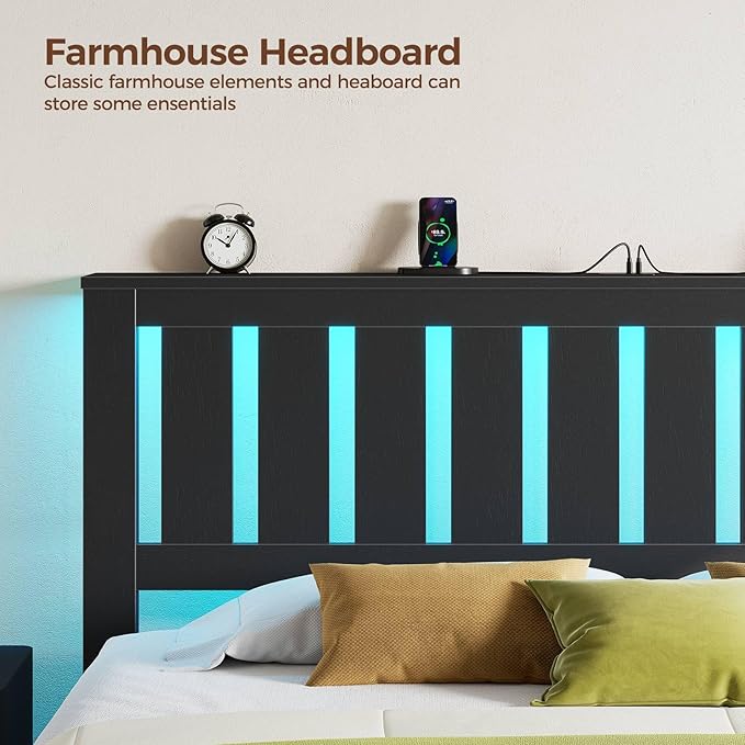 Rolanstar Queen Bed Frame with Headboard, Built-in USB & Type-C Charging, RGB LED Lights, 800LBS Wood Slat Support, Under-Bed Storage, No Box Spring Needed, Easy Assembly