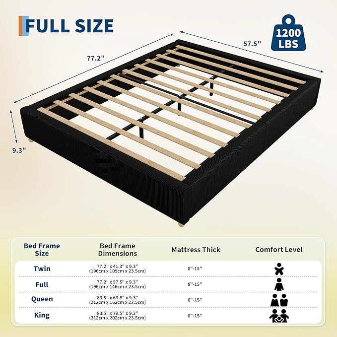 GarveeHome Full Size Cloud Bed Frame，Corduroy Low Bed Frame Without Headboard, Thick Fabric Upholstered Platform Bed, Solid Wood Legs, No Box Spring Needed, Never Squeak, Easy Assembly, Black
