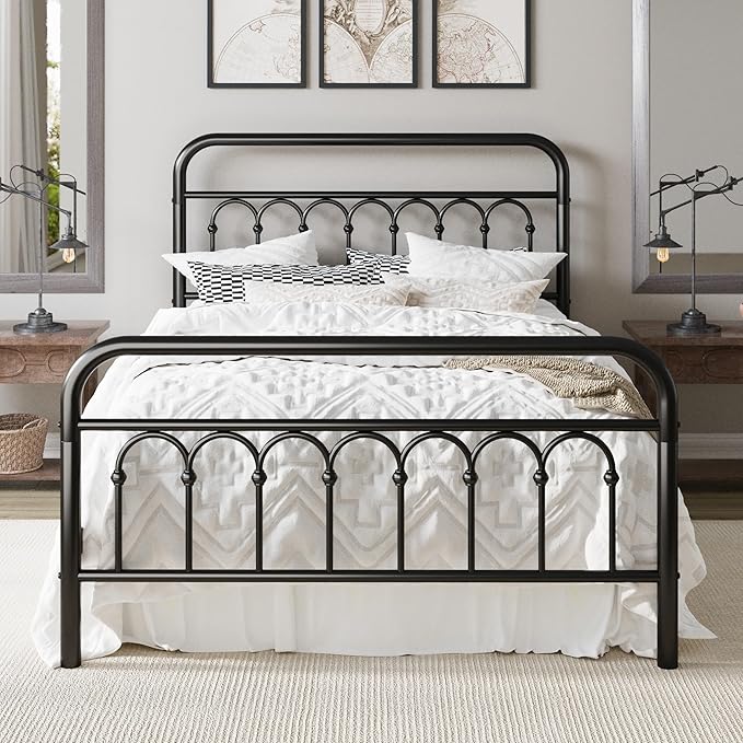 Allewie 14 Inches Full Size Metal Platform Bed Frame with Victorian Style Curved Iron-Art Headboard/Footboard, Metal Slats Support, Easy Assembly, Under Bed Storage, No Box Spring Required, Black