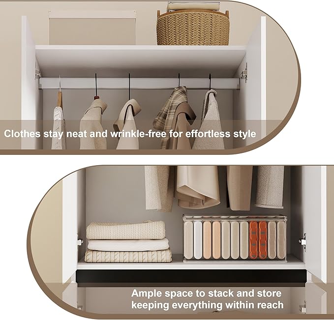 White Armoire Wardrobe Closet: 74" Large Wardrobe Closet with 6 Doors, Wood Closets Cabinet for Hanging Clothes, Freestanding Bedroom Armoires (94.5 in-6 Doors)
