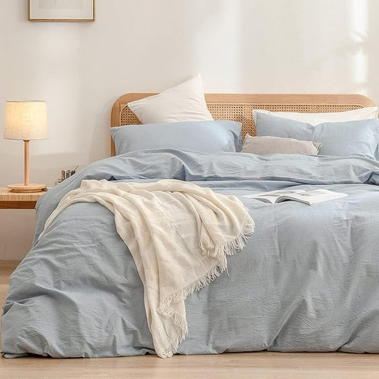 BESTOUCH Duvet Cover Set 100% Washed Cotton Linen Feel Super Soft Comfortable Chic Lightweight 3 PCs Home Bedding Set Solid Cornflower Blue Alaska King