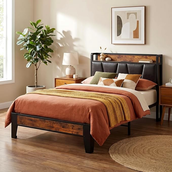 LIKIMIO Twin Bed Frame, Storage Headboard with Charging Station, Solid and Stable, Noise Free, No Box Spring Needed, Easy Assembly (Vintage and Black)