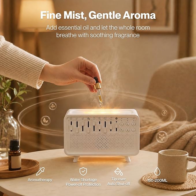 White Noise Machine with 8 Mixable Nature Sounds, Flame Light & Aroma Diffuser – Desktop Sound Machine for Sleep, Office, Yoga & Meditation, with Timer, Bluetooth & USB Power