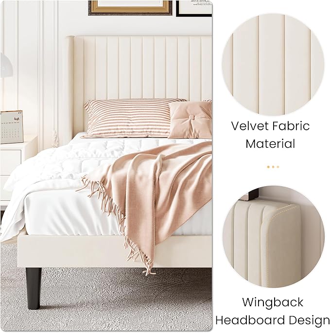 SHA CERLIN Full Size Velvet Bed Frame with Vertical Channel Tufted Wingback Headboard, Upholstered Platform Bed with Wood Slats, No Box Spring Needed, Easy Assembly, Cream White
