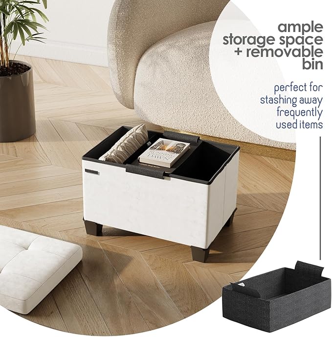 Storage Ottoman Cube with Small Bin, 16-in Square Ottoman with Storage for Living Room and Bedroom, Small Ottomans Foot Rest, Velvet Foot Stools Ottomans Max 330lbs, Cream