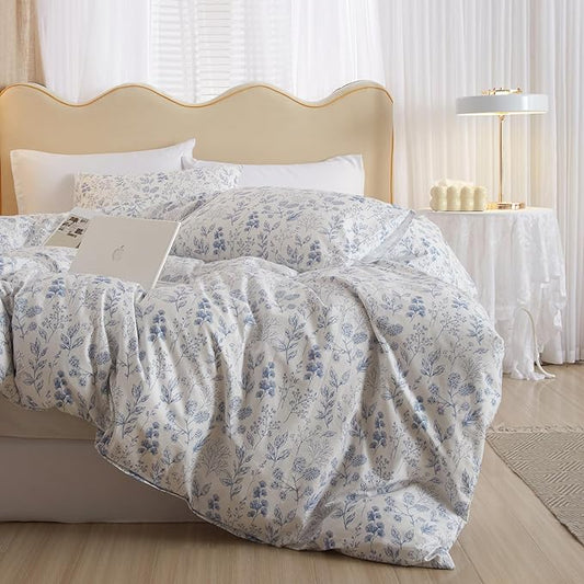 mixinni Small Floral Print Duvet Cover Queen Blue Flower Leaf Duvet Cover Set Soft Cotton White Bedding Comforter Cover Zipper Closure 4 Corner Ties for Him and Her-Queen Size