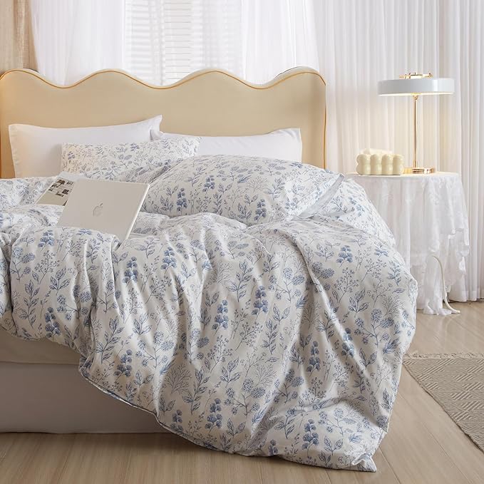 mixinni Garden Style Blue Flowers Leaves Duvet Cover King Size Soft Cotton Floral Printed Bedding Comforter Cover Set for Him and Her-(3pcs, King Size)
