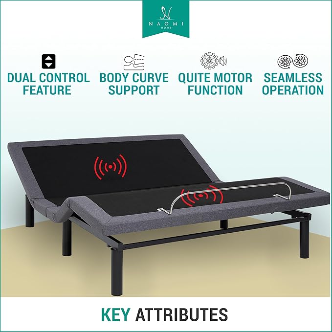 Naomi Home Idealbase Queen Adjustable Bed Frame with Lumbar Support & Head Tilt, Foot Incline, Back & Leg Massage, USB Ports,Wireless Remote, Ergonomic Zero-Gravity Smart Bed
