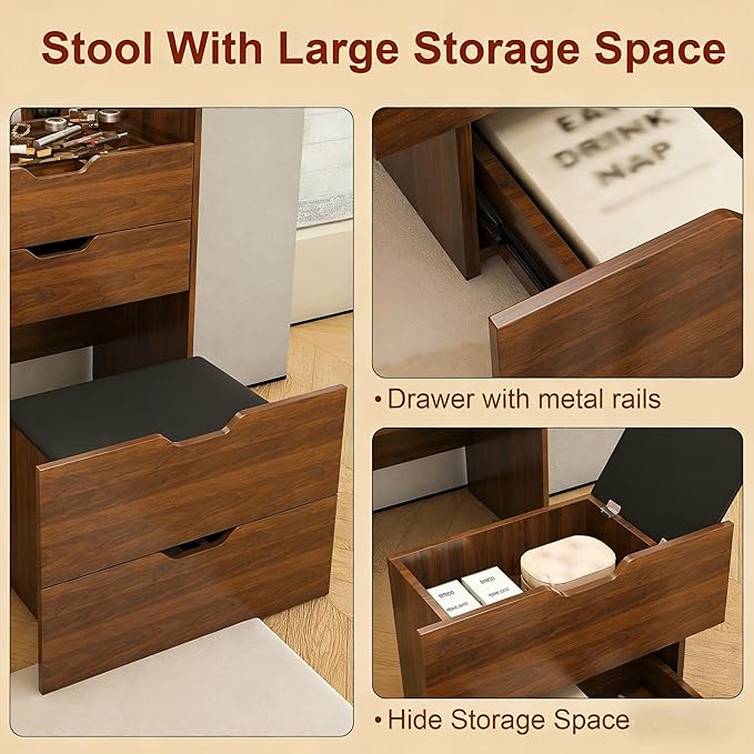 Casaphoria Vanity Desk with Mirror and Lights, 3-in-1 Flip Top Makeup Vanity Table with Stool and Storage, Compact Dressing Table for Small Space, Walnut Finish (23.62 Inch)