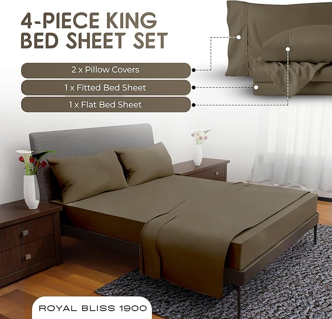 Royal Bliss King Size Sheets Set - 4 Piece Bedding - Wrinkle Free, Double Brushed, Cooling, Deep Pocket, Taupe