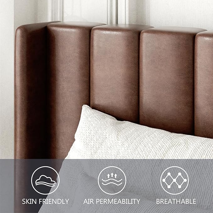Gruwans Queen Size Bed Frame with Upholstered Wingback Headboard, Easy Assemnly Platform Bed, Wooden Slat Support No Box Spring Needed, Dark Brown Leather