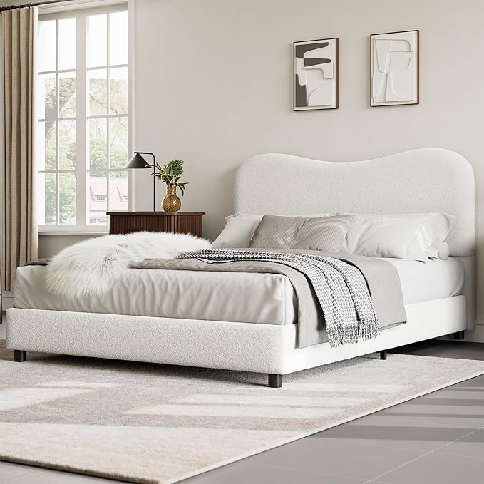 GarveeHome Boucle Full Size Bed Frame with Upholstered Headboard, Soft Low Profile Sturdy Platform Bed with Rounded Corners Design, Heavy Duty, Wooden Slats, Noise Free, No Box Spring Needed, White