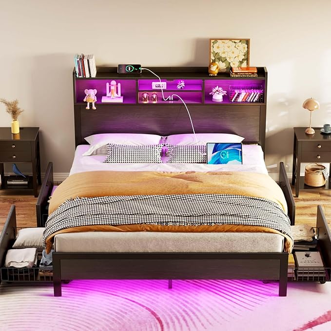 Rolanstar Full Bed Frame with Storage Headboard & 4 Drawers, Metal Platform Bed with Charging Station, LED Single Bed with Side Shelf, No Box Spring Needed, Easy Assembly, Black