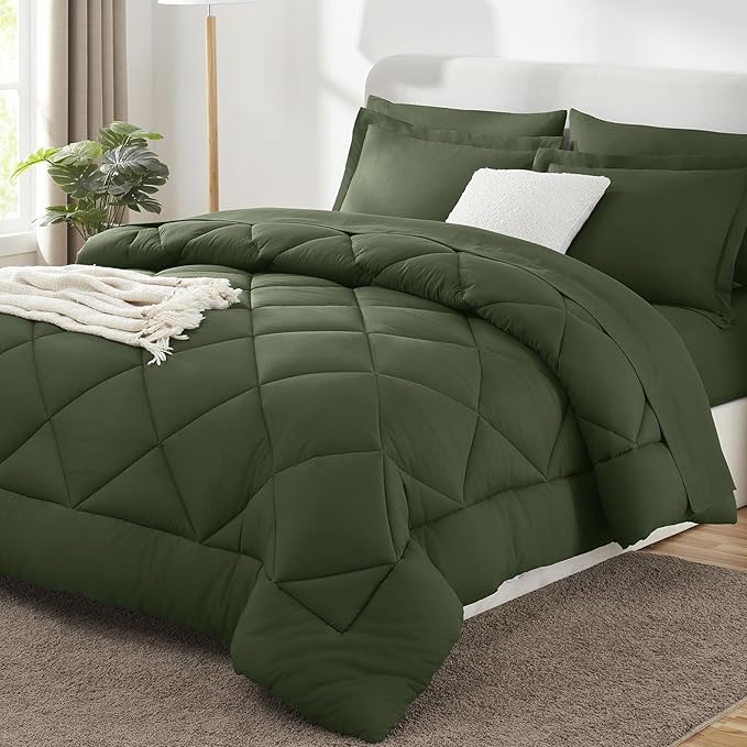 CozyLux Oversized Queen Comforter Set Olive Green - 7 Pieces Bed in a Bag Comforter Set with Sheets, Luxury Soft Bed Set, Bedding Set with Down Alternative Comforter, Sheets, Pillowcases & Shams