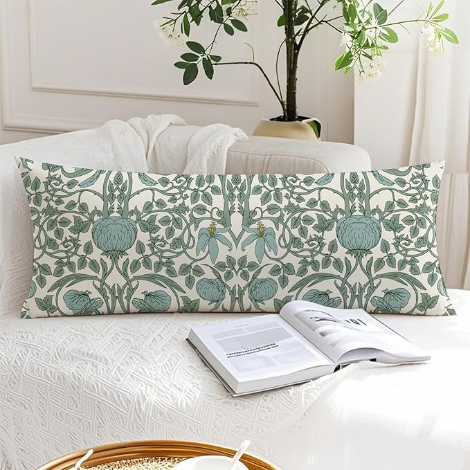 Vintage Green Floral 20x54 Body Pillow Cover, Cottagecore Room Decor, Retro Green Flowers Botanical Art Nouveau Decorative Long Body Pillow Cases for Bed Couch
