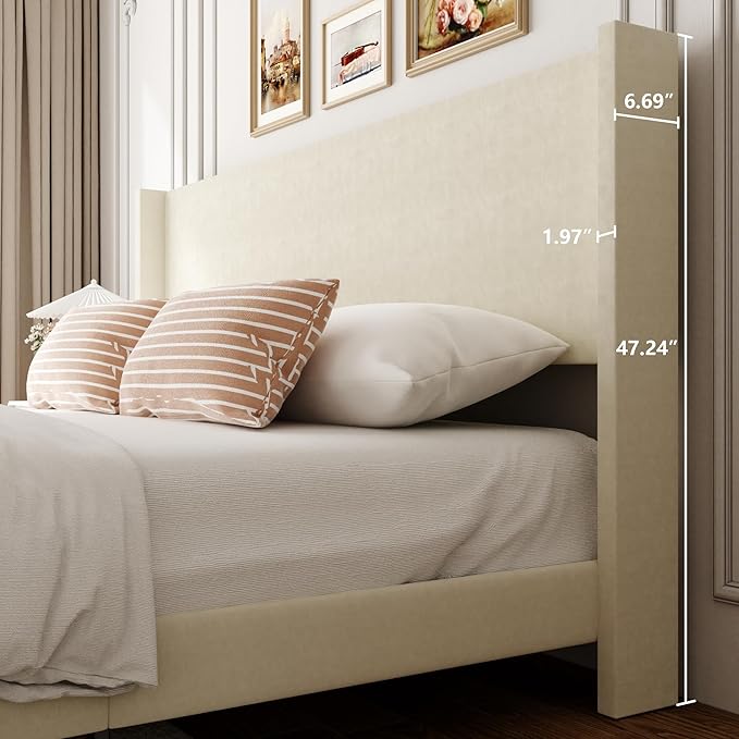 Sismplly Queen Bed Frame with Wingback Headboard, Velvet Upholstered Platform Bed with Wooden Slats, 6.46“ Under Bed Storage, Metal Support, Noise Free, No Box Spring Needed, Beige
