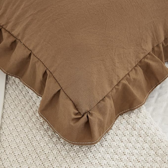 Merryword Brown Pillowcases - King Size Ruffled Shams Set of 2 - Solid Fringe Design - Coffee Brown Shabby Chic - 2 Pack (King (20''x36''))