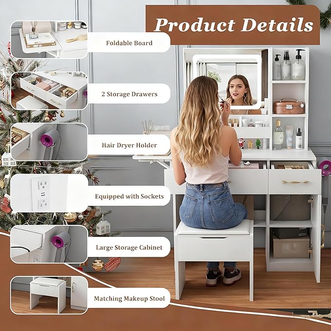 Casaphoria Vanity Desk with Stool, LED Mirror & Outlet, 43 Inch White Makeup Vanity with 2 Drawers & 7 Shelves, Dressing Table with Storage Stool for Bedroom