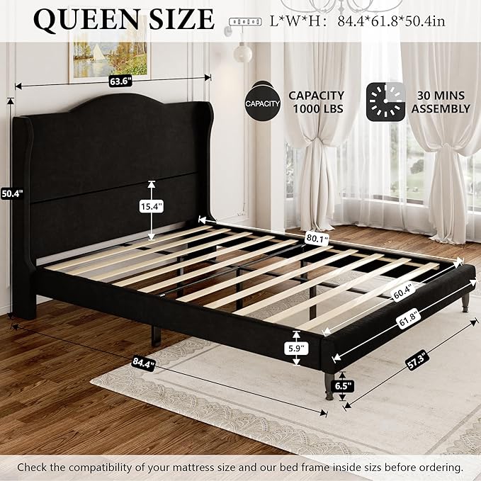 Queen Size Bed Frame with Wingback Headboard, Upholstered Velvet Platform Bed Frame Easy Assemnly, Heavy Duty Wooden Slats Support, Noise-Free, No Box Spring Needed, Minimalist Style, Black