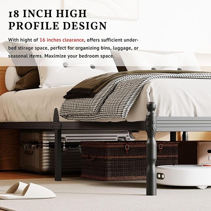 ZIYOO 18 inch Metal Queen Bed Frame with Vintage Style, Mattress Slide Stopper, 1500LBS Heavy Duty Steel Slats, No Box Spring Needed, Platform Noise-Free, Easy Assembly