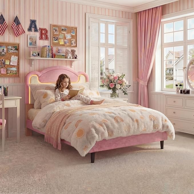 Garvee Twin Size Upholstered Bed Frame with LED Lights & Fabric Headboard, Princess Platform Bed for Girls with Wood Slats, No Box Spring Needed (Pink White)